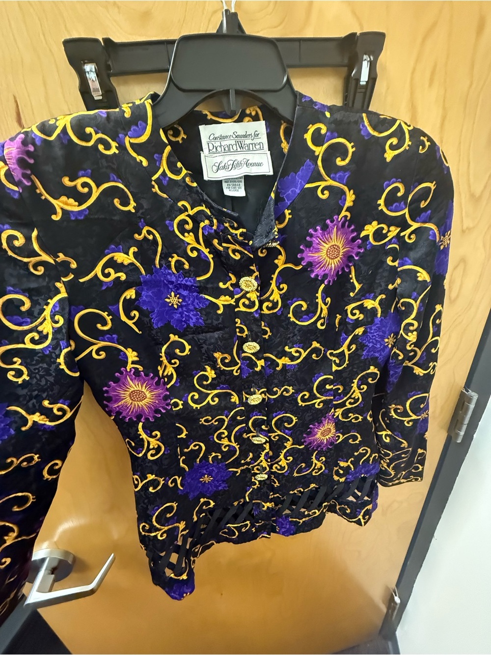 Richard Warren Black Silk Jacket with Purple & Gold Floral Embroidery